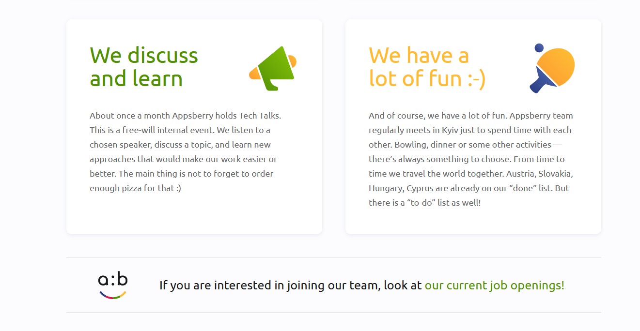 Appsberry Tech Talks team event in Kyiv with ping-pong and discussion, enjoying fun activities and international trips